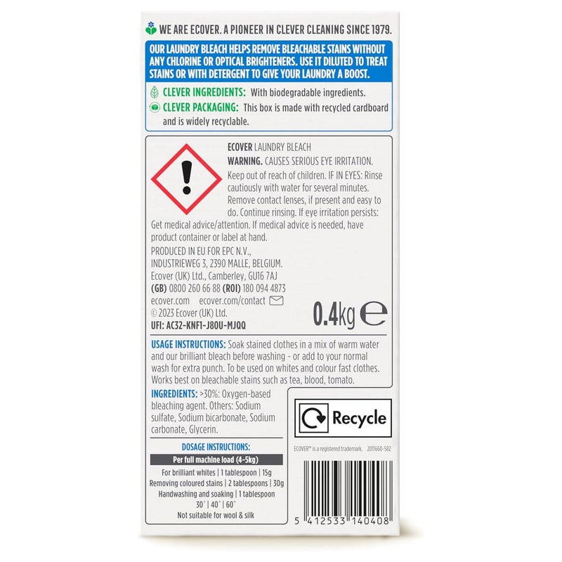 ecover Laundry Bleach for Brilliant White Clothes, Natural Bleach Alternative Powder for Stain Removal - 400 gm - Image 2